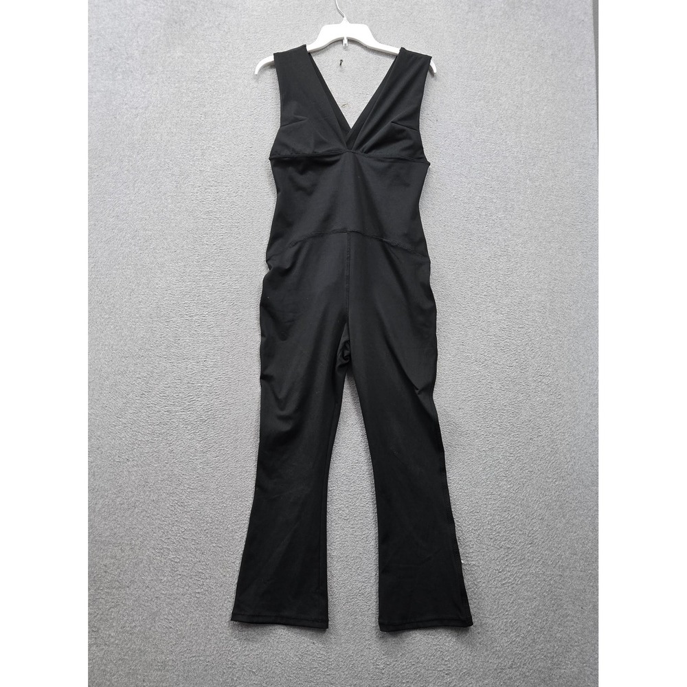 FP Movement Free People Women Jumpsuit L Black Plunge V Neck Waist Tie Bootcut